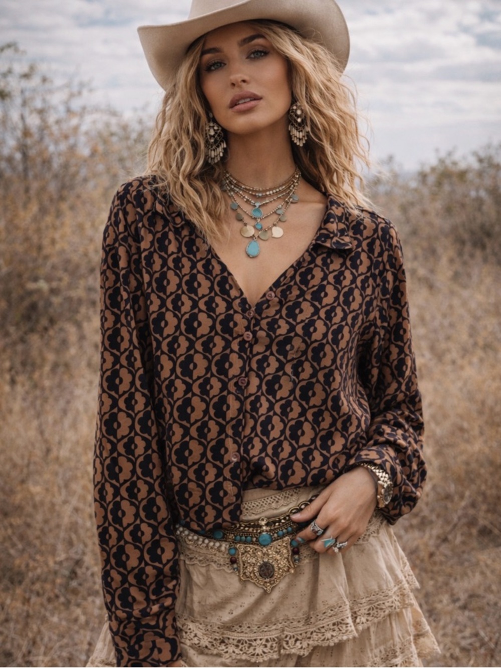 No Boundaries Brown and Black Patterned Button-Down Blouse